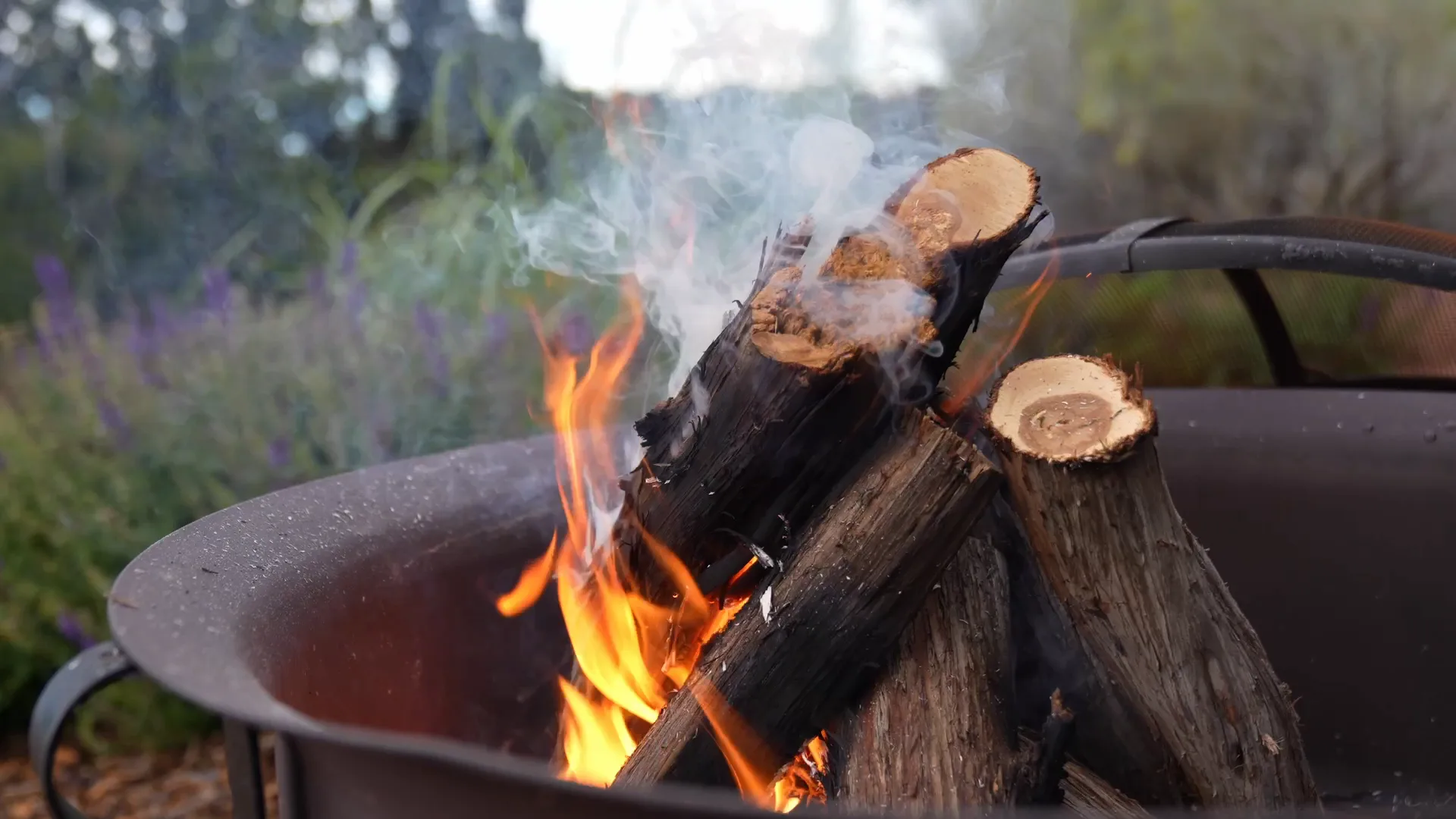Logs burning in an iron fire bowl at Farmhouse 1, smoke rising against lavender and the evening garden