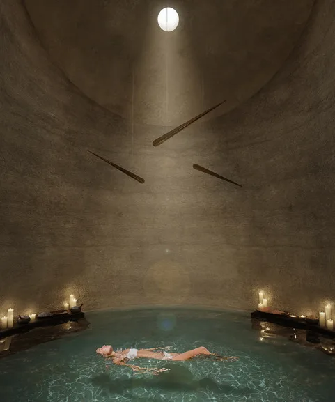 A guest floats in a round stone pool under a single shaft of light from an oculus, candles along the edge