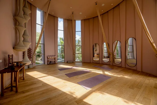 A tall wellness studio with wooden floors, yoga mats, aerial silks, and a row of arched mirrors