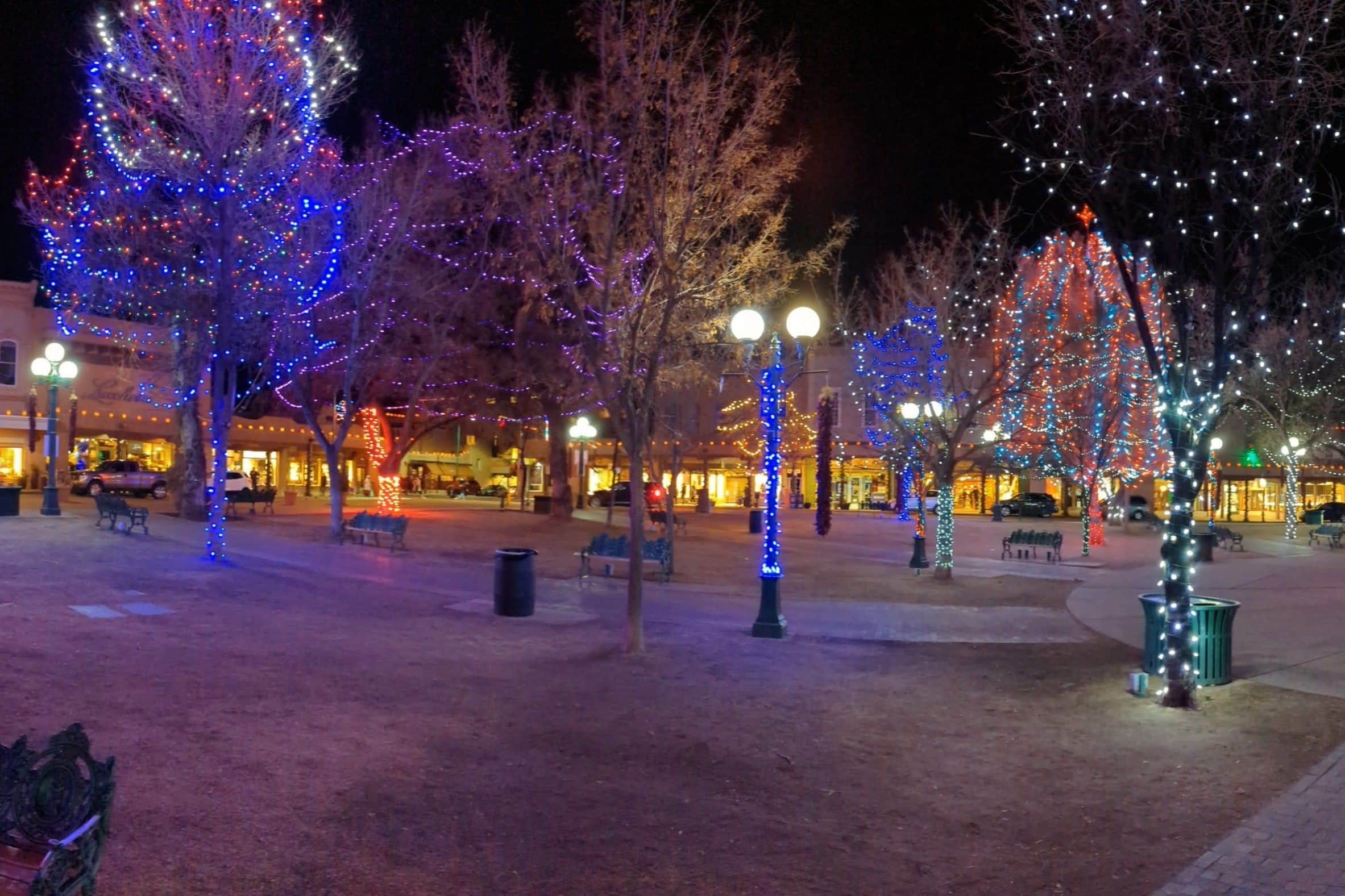 The trees of the Santa Fe Plaza wrapped in colored holiday lights at night